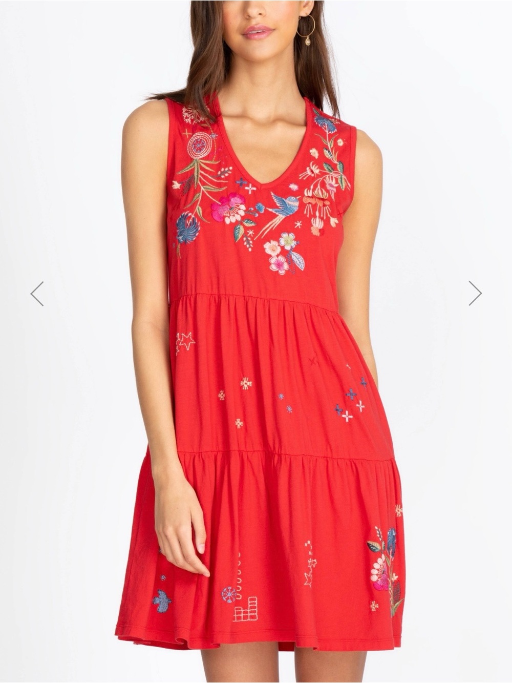 Johnny Was Red Embroidered Tiered V-Neck Summer Dress